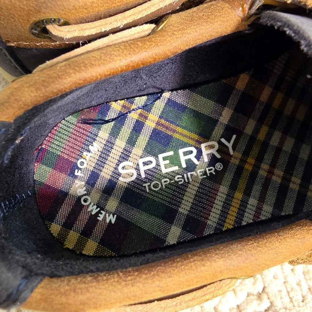 Mini Sperry Boat Shoes Navy Brown Leather Plaid Memory Foam Baby Toddler Boy 8
